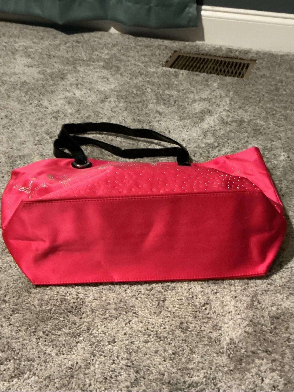Victoria's Secret Hot Pink Tote with Black Patent Handles and Rhinestone Logo